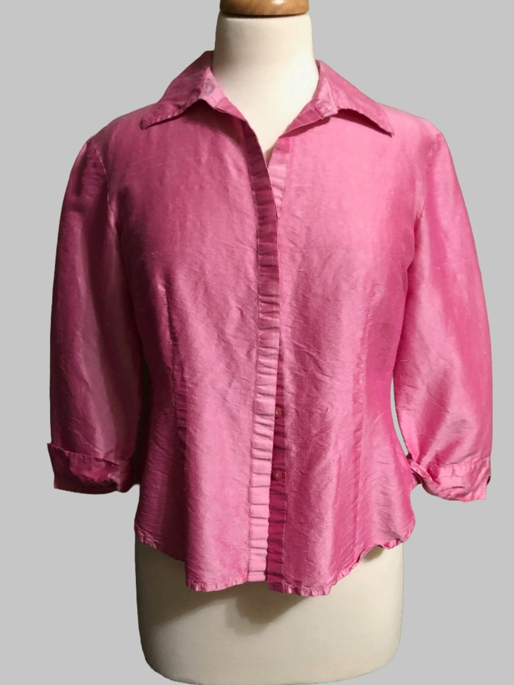 SLB Vintage 100% Raw Silk Blouse - Vibrant Pink 3/4 Sleeve (M)